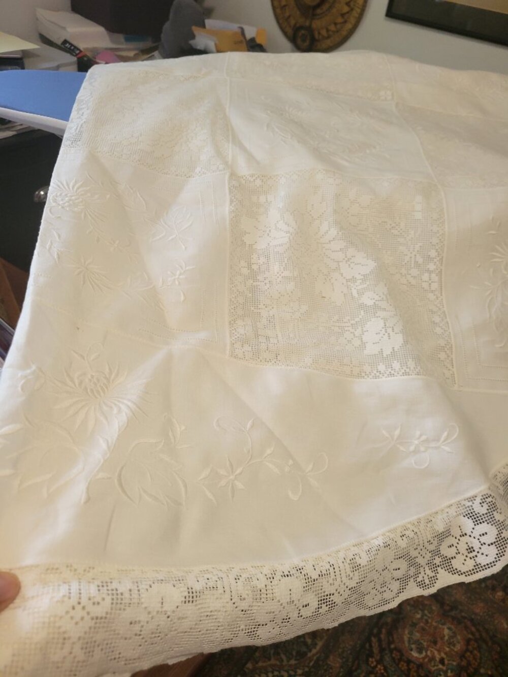 Oval White on White Tablecloth with Embroidery and Lace - Picture 2 of 4
